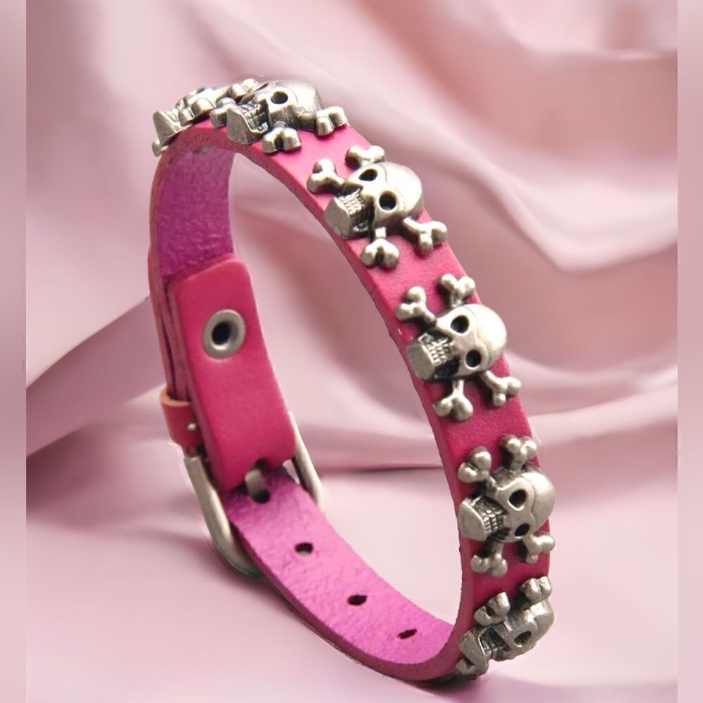 Pink Skull Leather Bracelet l Soft PU l Buckle l Unisex l New